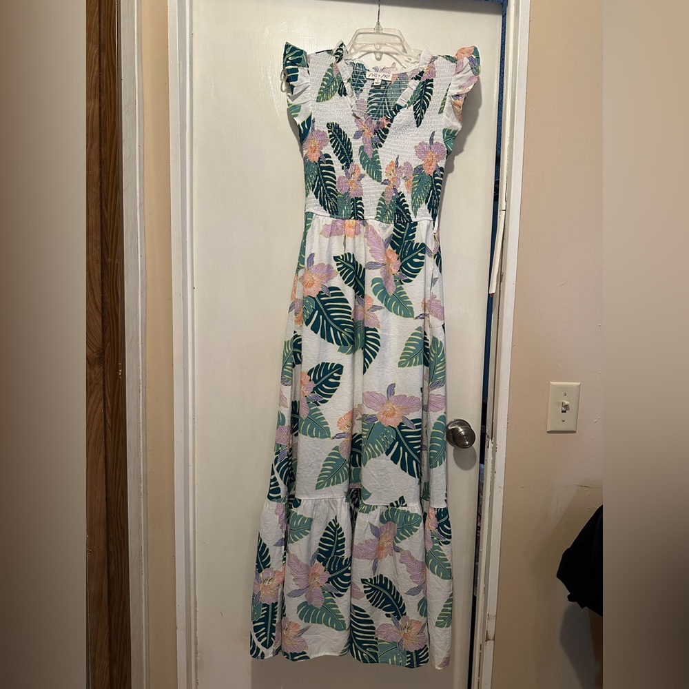 She + Sky White Maxi Dress with Green Leaves & Pink Flowers